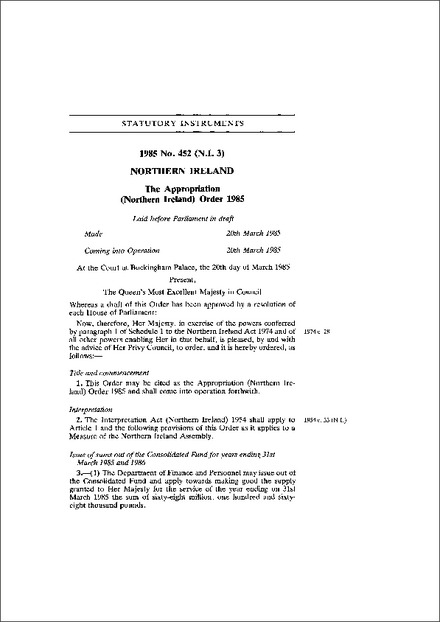 The Appropriation (Northern Ireland) Order 1985