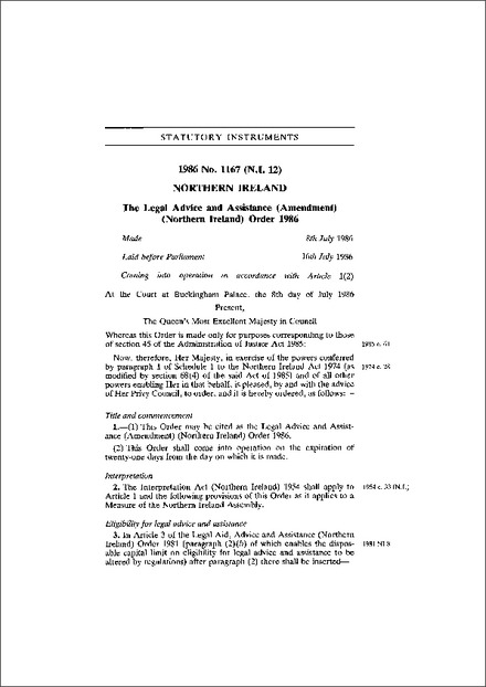 The Legal Advice and Assistance (Amendment) (Northern Ireland) Order 1986