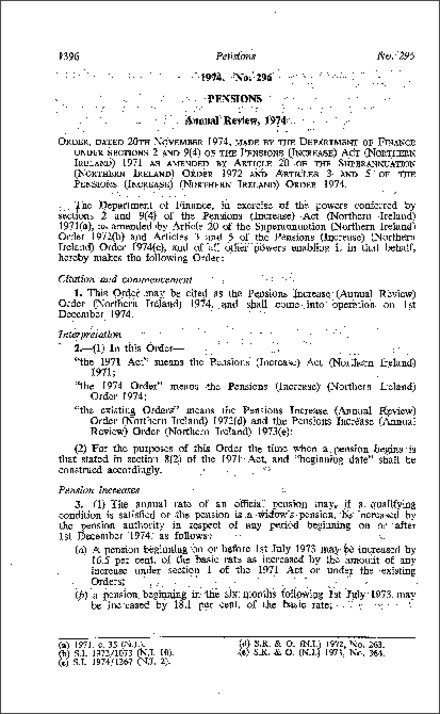 The Pensions Increase (Annual Review) Order (Northern Ireland) 1974