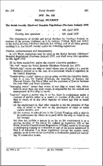 The Social Security (Mariners' Benefits) Regulations (Northern Ireland) 1975