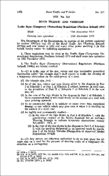 The Traffic Signs (Temporary Obstructions) Regulations (Northern Ireland) 1975
