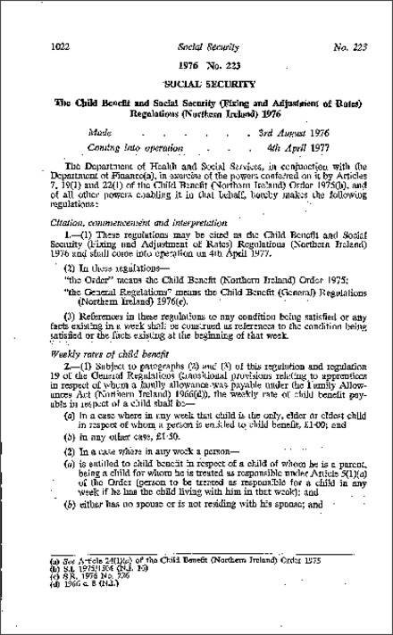 The Child Benefit and Social Security (Fixing and Adjustment of Rates) Regulations (Northern Ireland) 1976