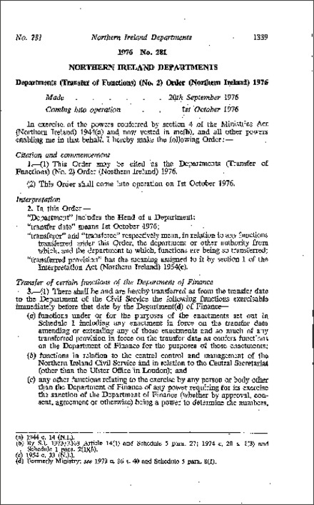 The Departments (Transfer of Functions) (No. 2) Order (Northern Ireland) 1976