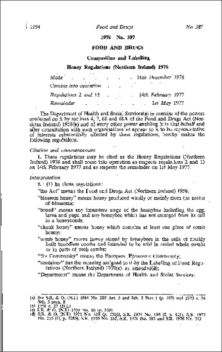 The Honey Regulations (Northern Ireland) 1976
