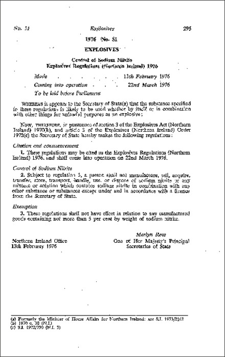 The Explosives Regulations (Northern Ireland) 1976