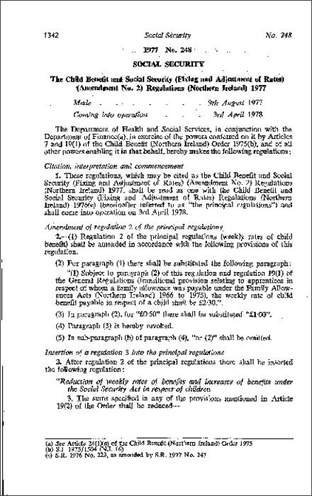 The Child Benefit and Social Security (Fixing and Adjustment of Rates) (Amendment No. 2) Regulations (Northern Ireland) 1977