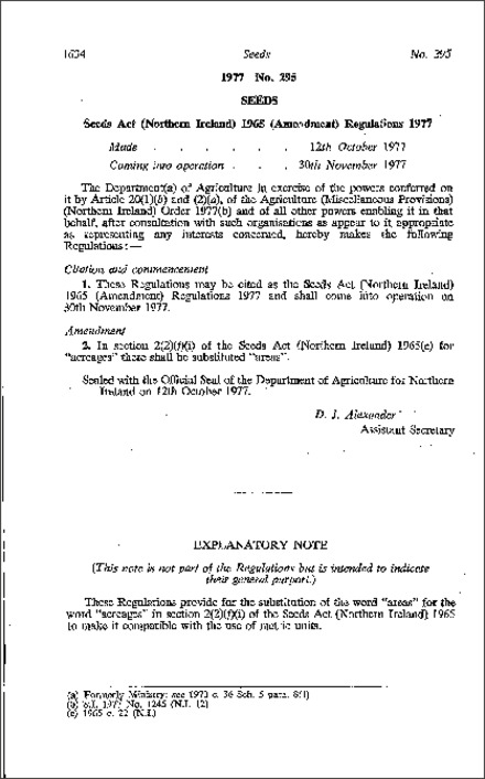 The Seeds Act (Northern Ireland) (Amendment) Regulations (Northern Ireland) 1977