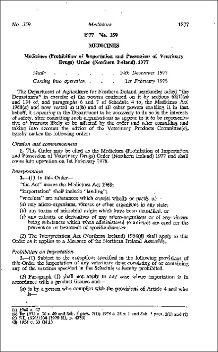 The Medicines (Prohibition of Importation and Possession of Veterinary Drugs) Order (Northern Ireland) 1977