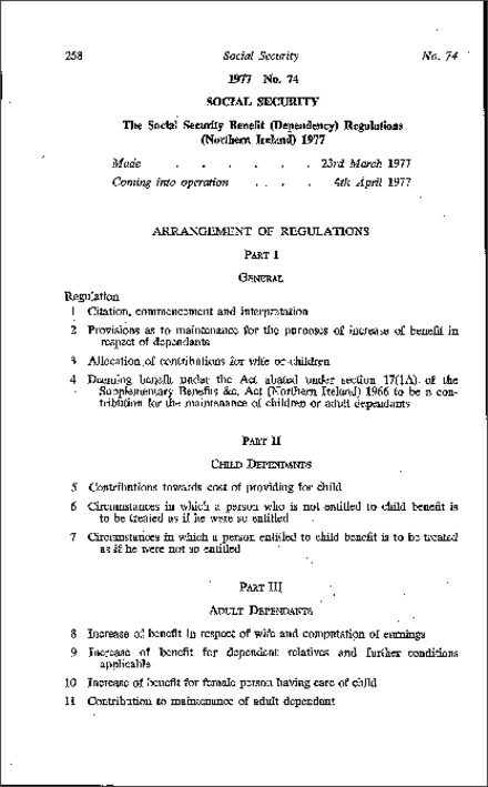 The Social Security Benefit (Dependency) Regulations (Northern Ireland) 1977