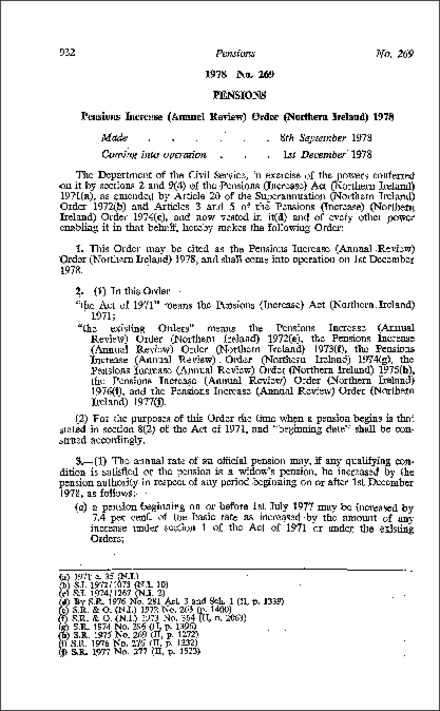 The Pensions Increase (Annual Review) Order (Northern Ireland) 1978
