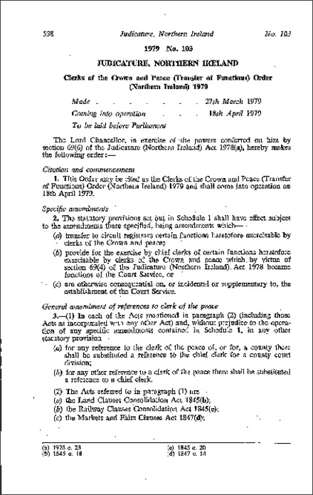 The Clerks of the Crown and Peace (Transfer of Functions) Order (Northern Ireland) 1979