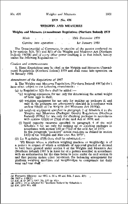 The Weights and Measures (Amendment) Regulations (Northern Ireland) 1979