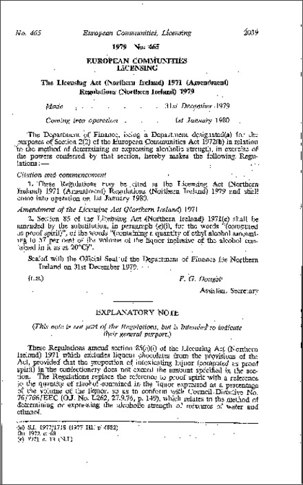 The Licensing Act 1971 (Amendment) Regulations (Northern Ireland) 1979