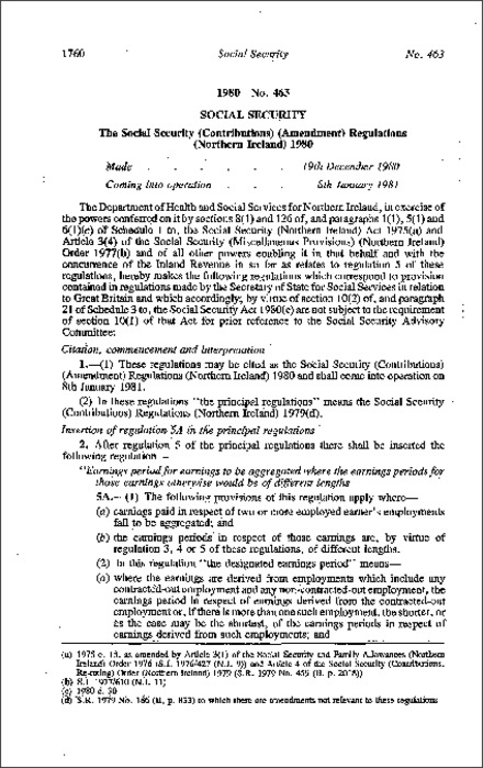 The Social Security (Contributions) (Amendment) Regulations (Northern Ireland) 1980