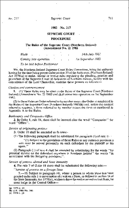 The Rules of the Supreme Court (Northern Ireland) (Amendment No. 2) (Northern Ireland) 1982