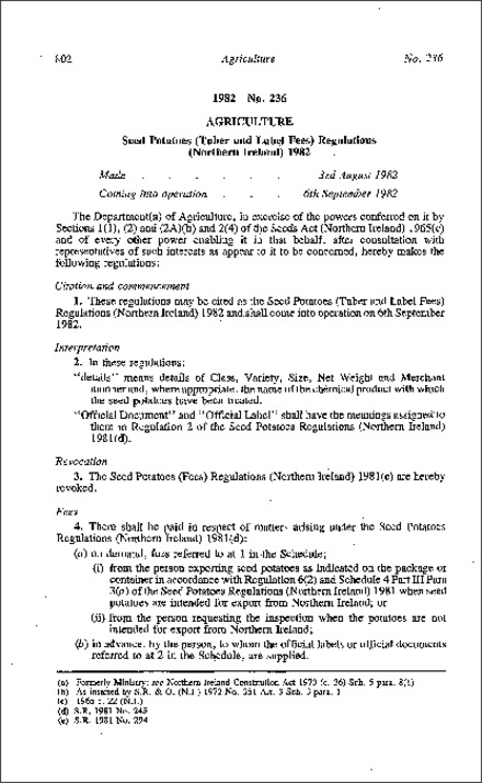 The Seed Potatoes (Tuber and Label Fees) Regulations (Northern Ireland) 1982