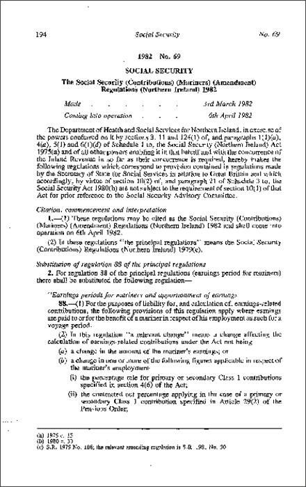 The Social Security (Contributions) (Mariners) (Amendment) Regulations (Northern Ireland) 1982
