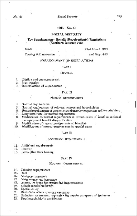 The Supplementary Benefit (Requirements) Regulations (Northern Ireland) 1983