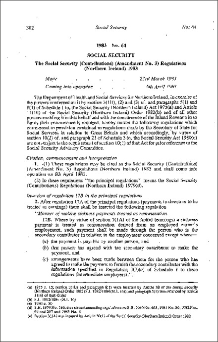 The Social Security (Contributions) (Amendment No. 3) Regulations (Northern Ireland) 1983