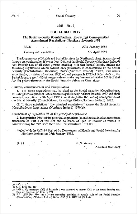 The Social Security (Contributions, Re-rating) Consequential Amendment Regulations (Northern Ireland) 1983