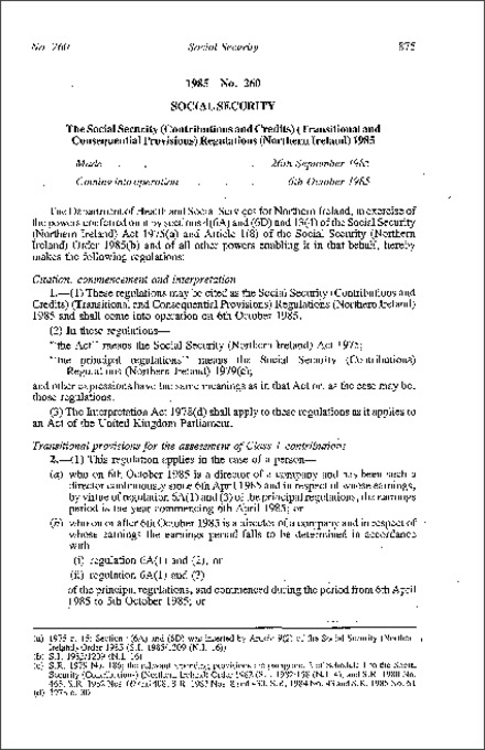 The Social Security (Contributions and Credits) (Transitional and Consequential Provisions) Regulations (Northern Ireland) 1985