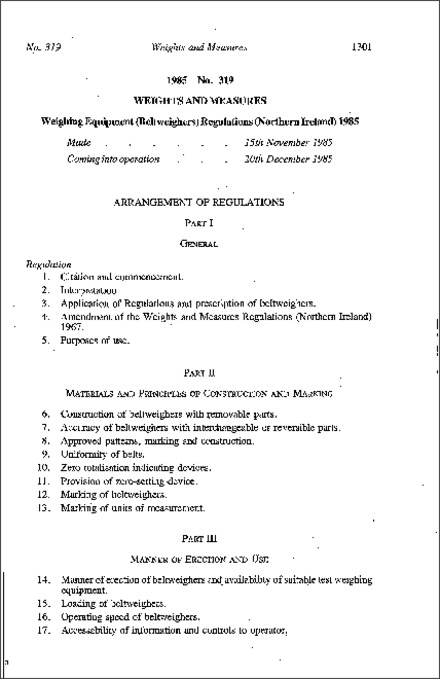 The Weighing Equipment (Beltweighers) Regulations (Northern Ireland) 1985