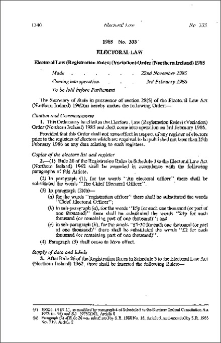 The Electoral Law (Registration Rules) (Variation) Order (Northern Ireland) 1985