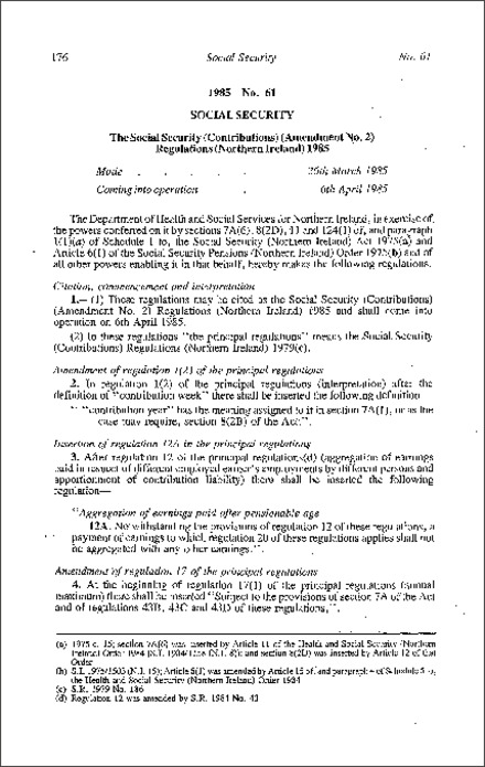 The Social Security (Contributions) (Amendment No. 2) Regulations (Northern Ireland) 1985