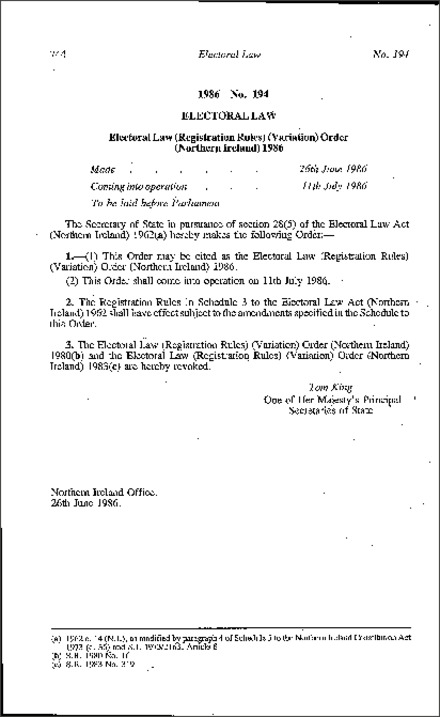 The Electoral Law (Registration Rules) (Variation) Order (Northern Ireland) 1986