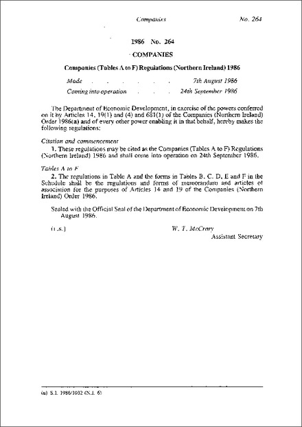 Companies (Tables A to F) Regulations (Northern Ireland) 1986