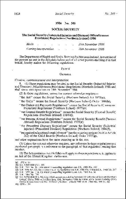 The Social Security (Industrial Injuries and Diseases) (Miscellaneous Provisions) Regulations (Northern Ireland) 1986