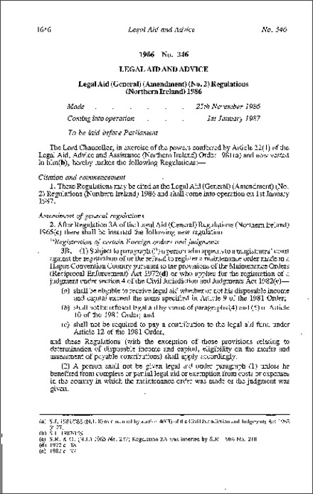 The Legal Aid (General) (Amendment) (No. 2) Regulations (Northern Ireland) 1986