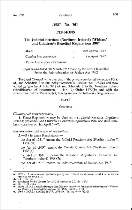 The Judicial Pensions (Northern Ireland) (Widows' and Children's Benefits) Regulations (Northern Ireland) 1987