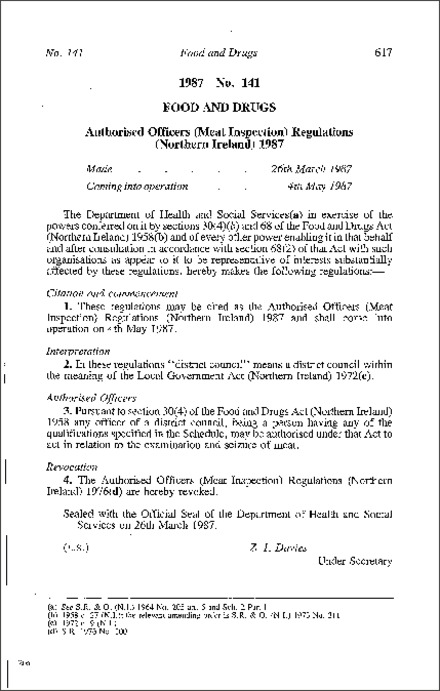 The Authorised Officers (Meat Inspection) Regulations (Northern Ireland) 1987