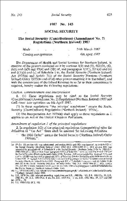 The Social Security (Contributions) (Amendment No. 2) Regulations (Northern Ireland) 1987