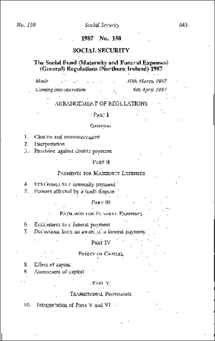 The Social Fund (Maternity and Funeral Expenses) (General) Regulations (Northern Ireland) 1987