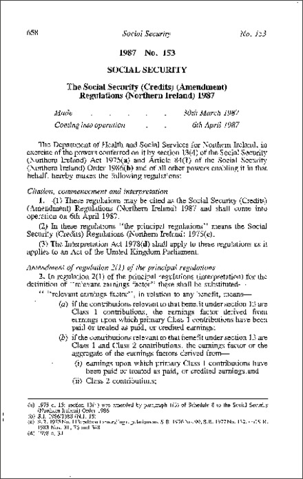 The Social Security (Credits) (Amendment) Regulations (Northern Ireland) 1987