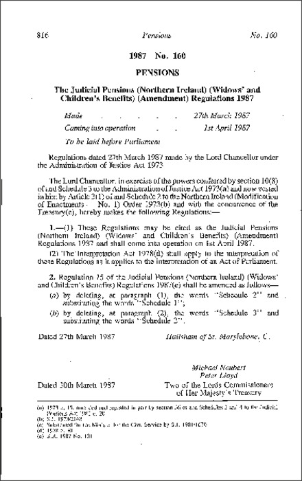 The Judicial Pensions (Northern Ireland) (Widows' and Children's Benefits) (Amendment) Regulations (Northern Ireland) 1987