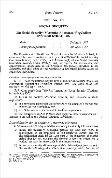 The Social Security (Maternity Allowance) Regulations (Northern Ireland) 1987