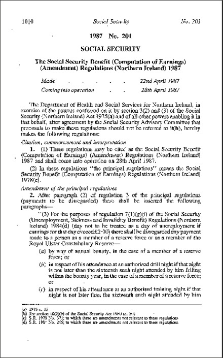The Social Security Benefit (Computation of Earnings) (Amendment) Regulations (Northern Ireland) 1987