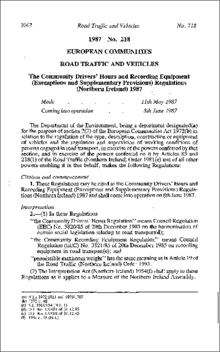The Community Drivers' Hours and Recording Equipment (Exemptions and Supp. Provisions) Regulations (Northern Ireland) 1987