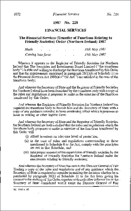 The Financial Services (Transfer of Functions Relating to Friendly Societies) Order (Northern Ireland) 1987