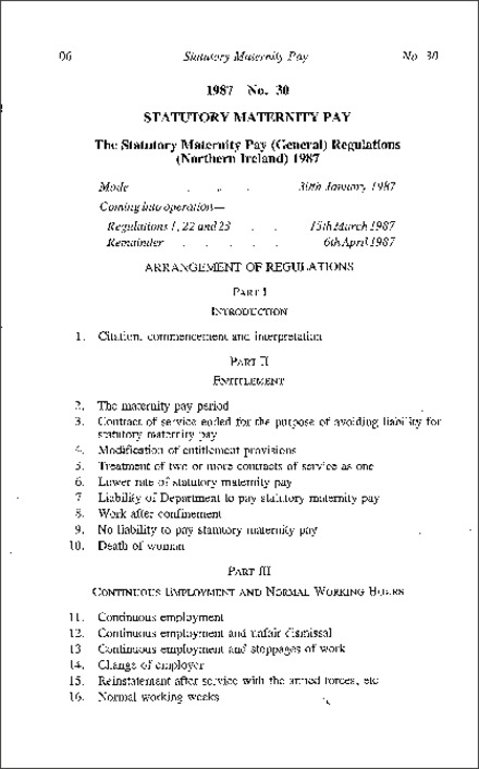 The Statutory Maternity Pay (General) Regulations (Northern Ireland) 1987