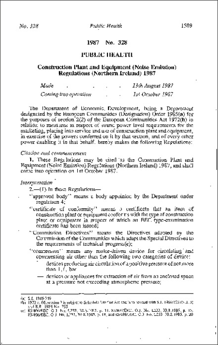 The Construction Plant and Equipment (Noise Emission) Regulations (Northern Ireland) 1987