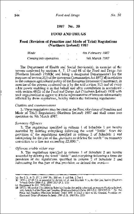 The Food (Revision of Penalties and Mode of Trial) Regulations (Northern Ireland) 1987