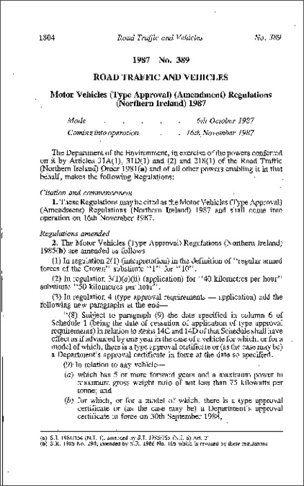 The Motor Vehicles (Type Approval) (Amendment) Regulations (Northern Ireland) 1987