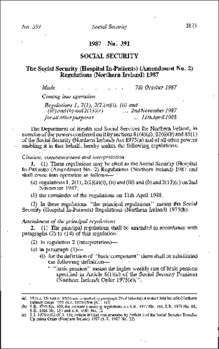 The Social Security (Hospital In-Patients) (Amendment No. 2) Regulations (Northern Ireland) 1987