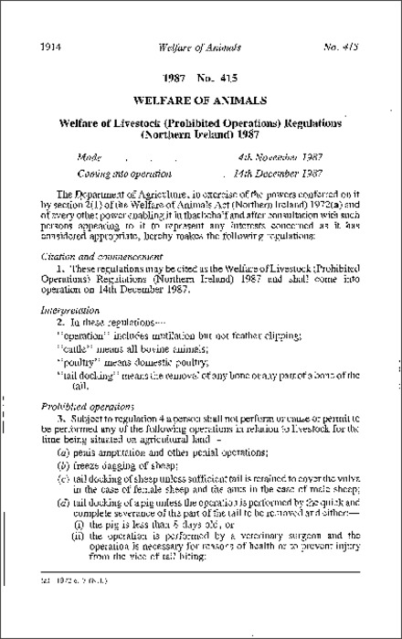The Welfare of Livestock (Prohibited Operations) Regulations (Northern Ireland) 1987