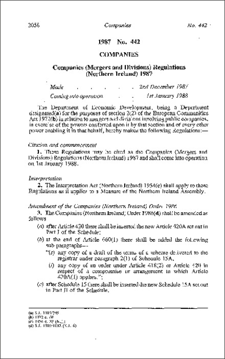 The Companies (Mergers and Divisions) Regulations (Northern Ireland) 1987