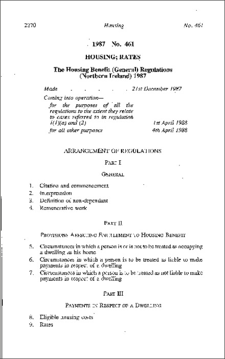 The Housing Benefit (General) Regulations (Northern Ireland) 1987